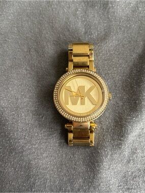 Michael Kors Gold Crystal-Trim MK Logo Bracelet Watch